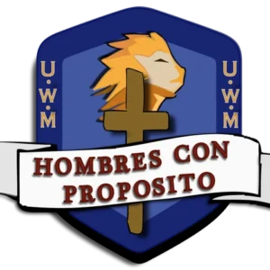 Escudo de Hombres con Propósito: un león y una cruz sobre un escudo azul con las letras U·W·M