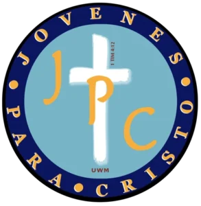 Sello de Jóvenes para Cristo: las letras JPC junto a una cruz blanca, con la cita 1 Tim 4:12